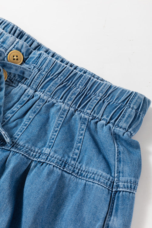 Dusk Blue Mineral Wash Button High Waist Wide Leg Jeans