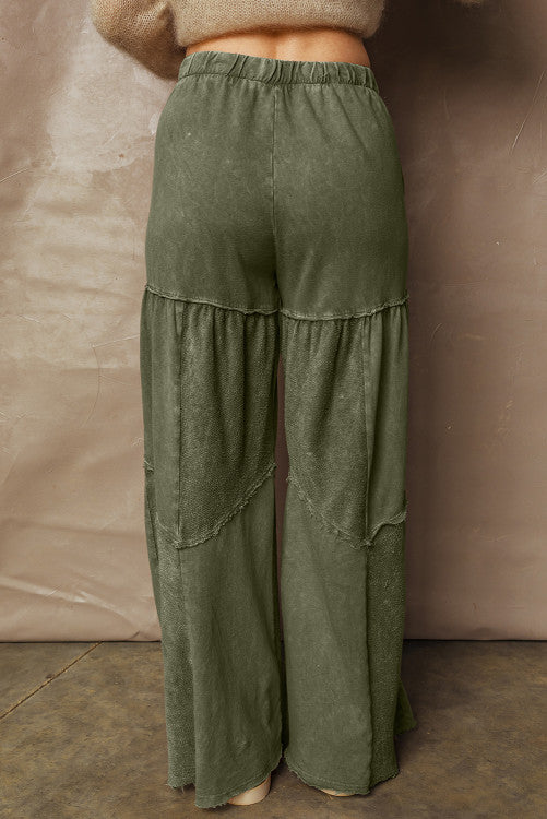 Mineral Wash Patchwork Tiered Wide Leg Pants (Green)