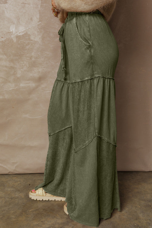 Mineral Wash Patchwork Tiered Wide Leg Pants (Green)