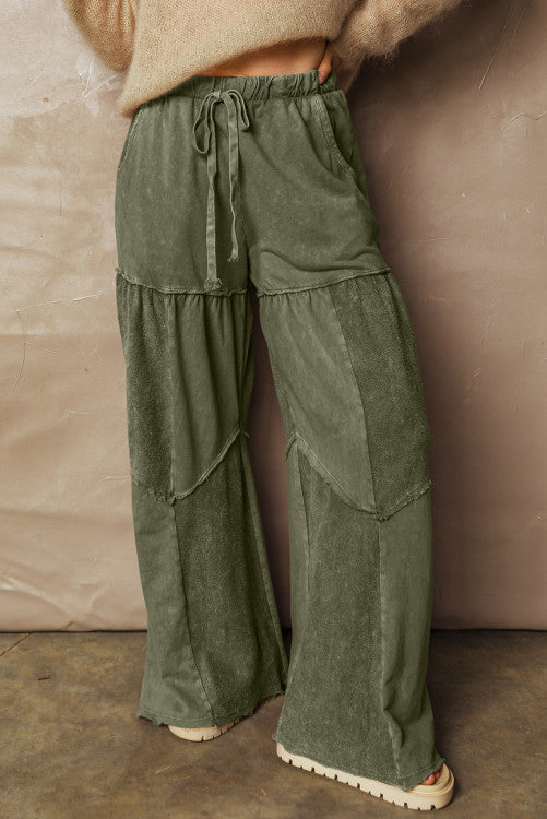 Mineral Wash Patchwork Tiered Wide Leg Pants (Green)