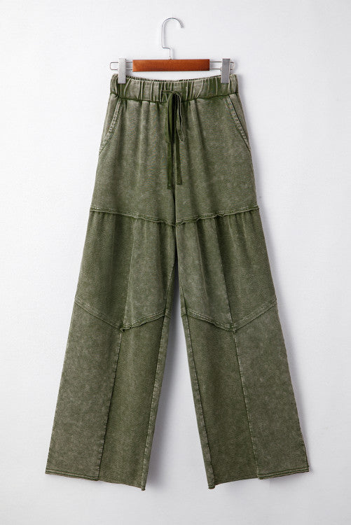 Mineral Wash Patchwork Tiered Wide Leg Pants (Green)