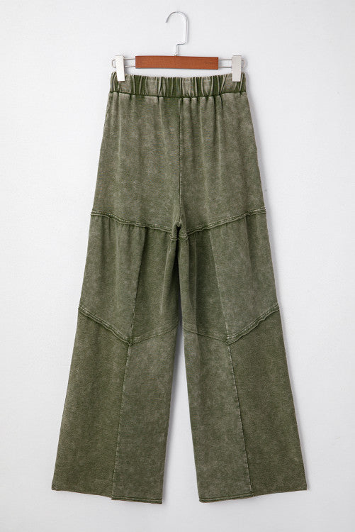 Mineral Wash Patchwork Tiered Wide Leg Pants (Green)