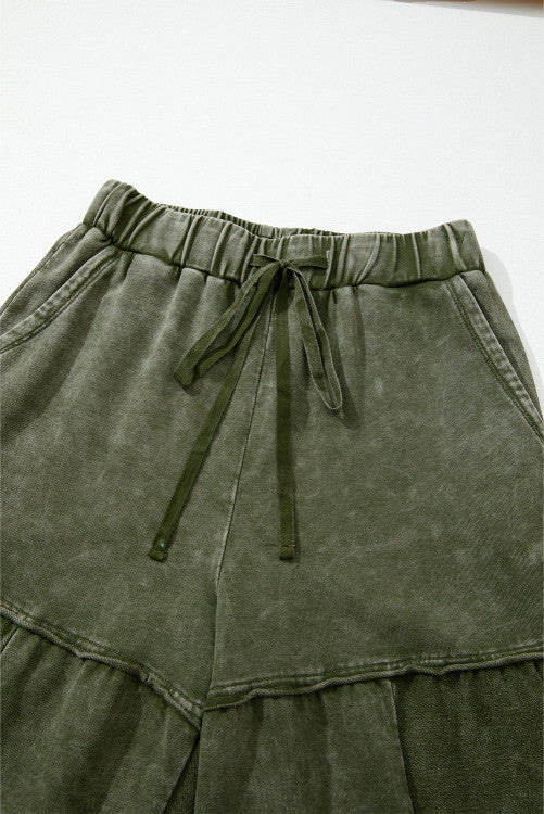 Mineral Wash Patchwork Tiered Wide Leg Pants (Green)