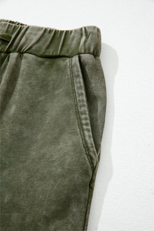 Mineral Wash Patchwork Tiered Wide Leg Pants (Green)