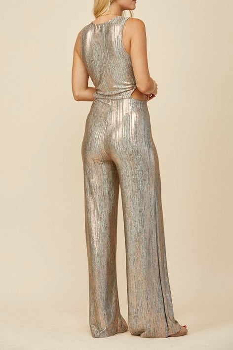 Cut Out Knit Jumpsuit Metallic Foil