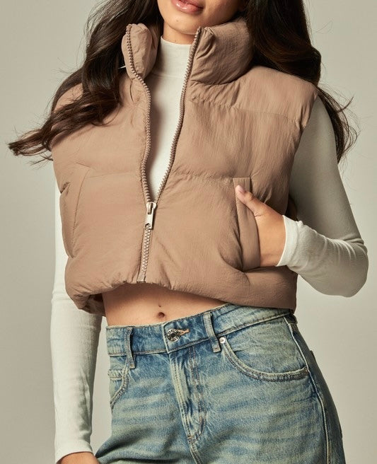 Cropped Mini Puffer Vest (Taupe)