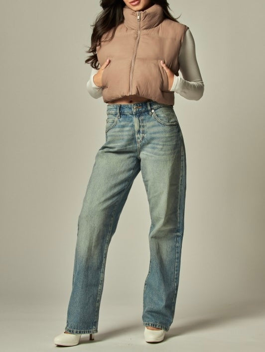 Cropped Mini Puffer Vest (Taupe)