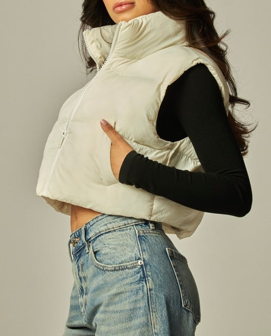 Cropped Mini Puffer Vest (Off White)