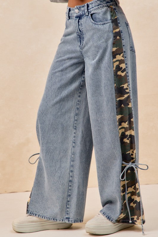 Camouflage Print Side Bow Tied Washed Denim Pants