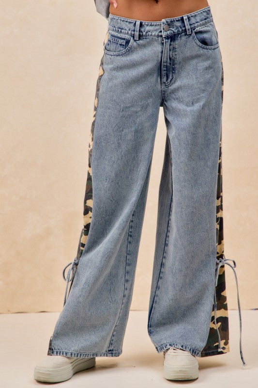 Camouflage Print Side Bow Tied Washed Denim Pants