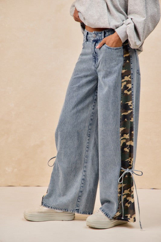 Camouflage Print Side Bow Tied Washed Denim Pants
