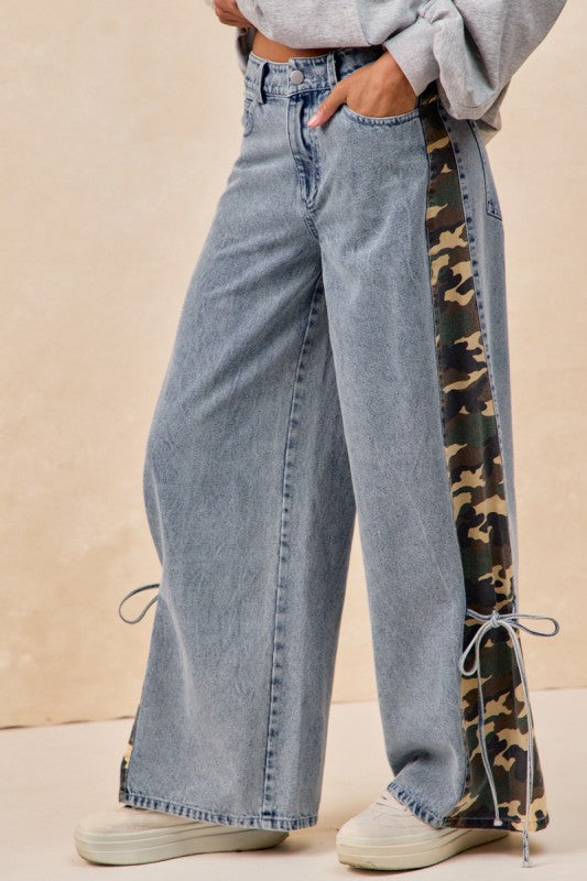 Camouflage Print Side Bow Tied Washed Denim Pants