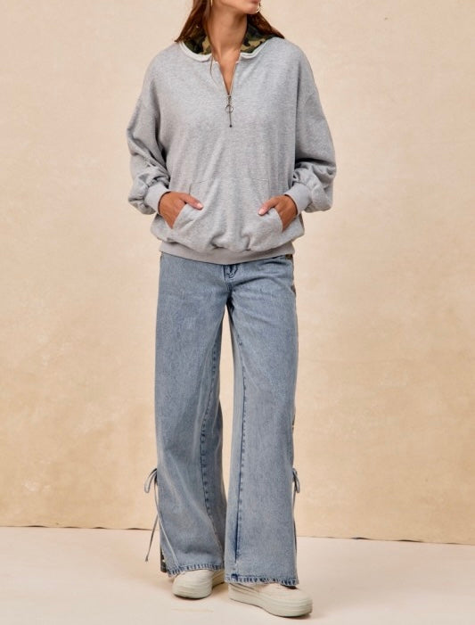 Camouflage Print Side Bow Tied Washed Denim Pants