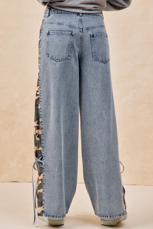 Camouflage Print Side Bow Tied Washed Denim Pants