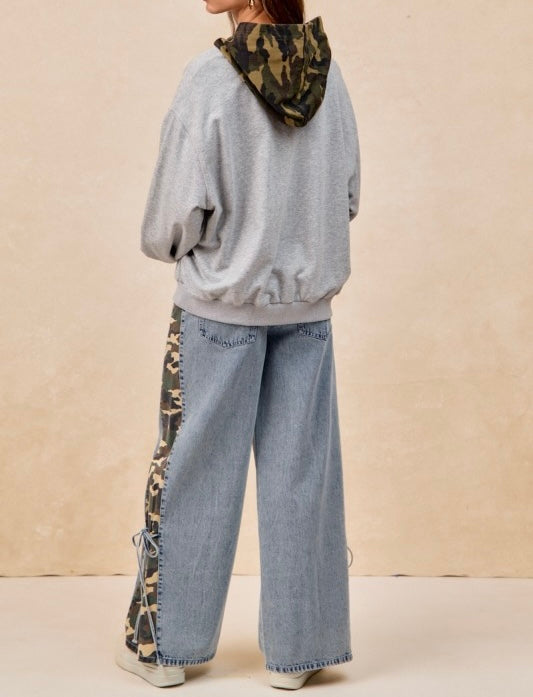 Camouflage Print Side Bow Tied Washed Denim Pants