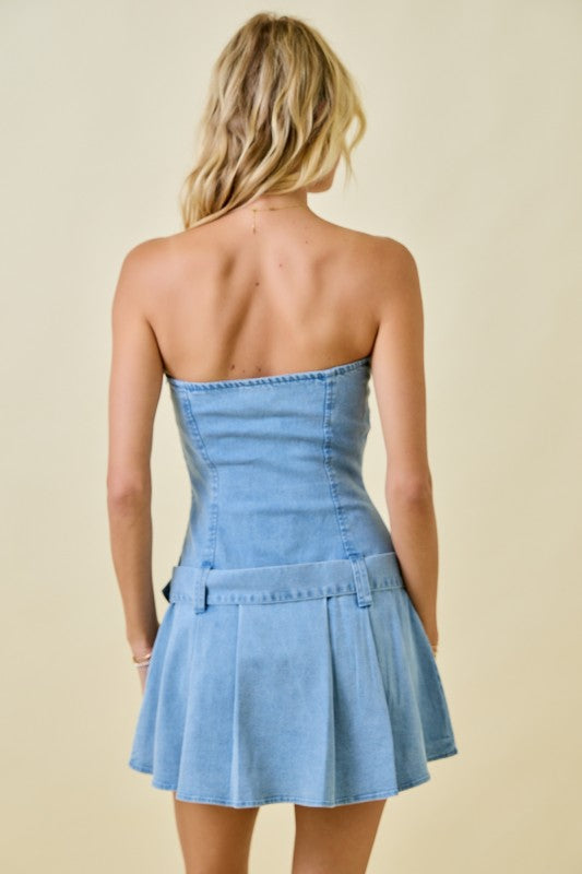 Strapless Drop Waist Denim Mini Romper Dress