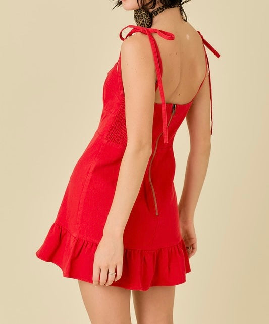 Denim Mini Dress w/Ruffle Hem and Shoulder Ties (Red)