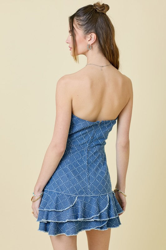 Textured Denim Strapless Mini Dress with Ruffles