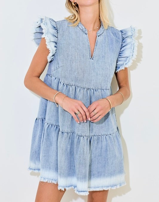 Denim Tiered Mini Dress with Ruffles and Raw Edge