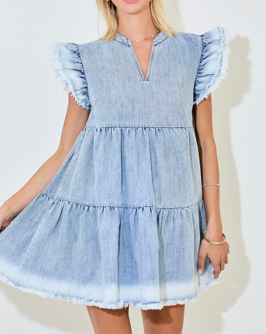 Denim Tiered Mini Dress with Ruffles and Raw Edge