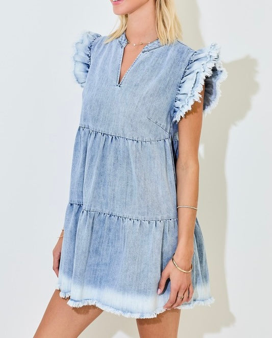 Denim Tiered Mini Dress with Ruffles and Raw Edge