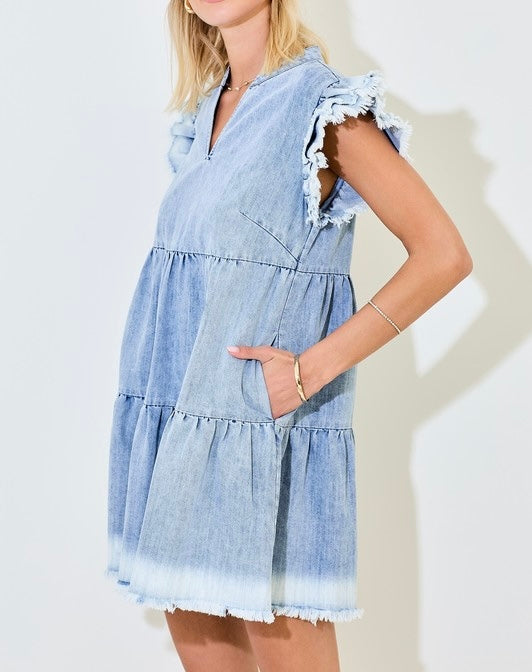Denim Tiered Mini Dress with Ruffles and Raw Edge