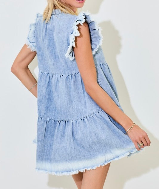 Denim Tiered Mini Dress with Ruffles and Raw Edge