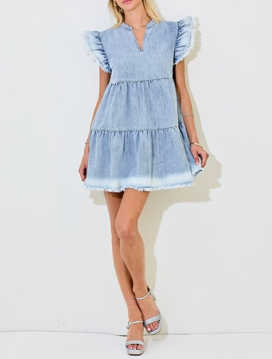 Denim Tiered Mini Dress with Ruffles and Raw Edge