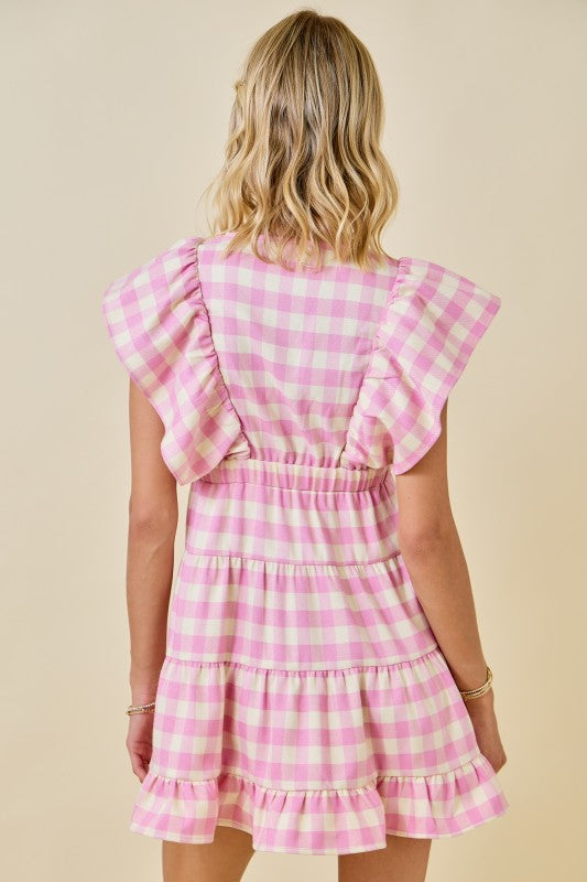 Gingham Smocked V Neckline Tiered Ruffle Dress