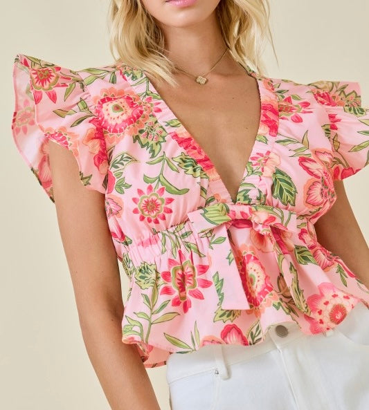 Floral Print Deep V Neckline Cropped Ruffle Top
