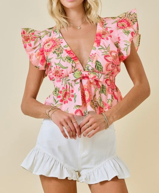 Floral Print Deep V Neckline Cropped Ruffle Top