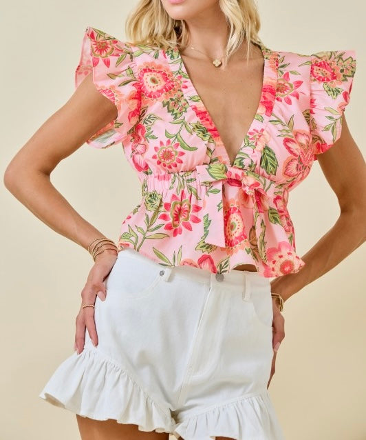 Floral Print Deep V Neckline Cropped Ruffle Top
