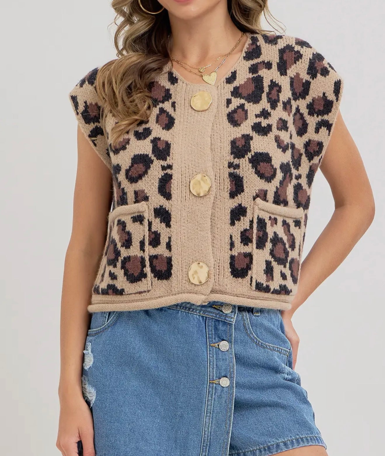 Leopard Print Knit Button-Up Sweater Top