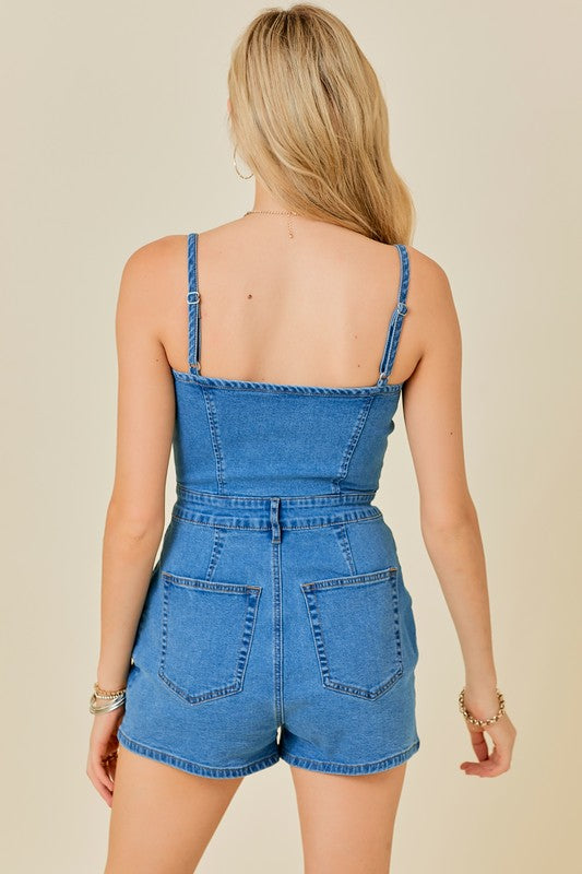 Stretch Denim Romper with Button Front and Pocket