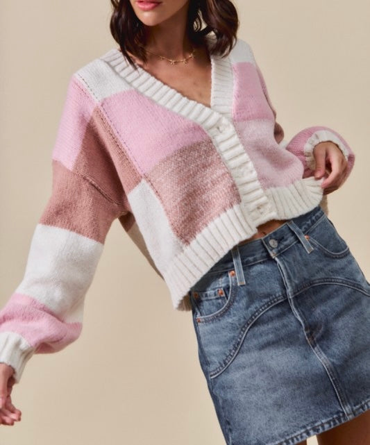 Color Block Checkered Button Down Sweater Cardigan