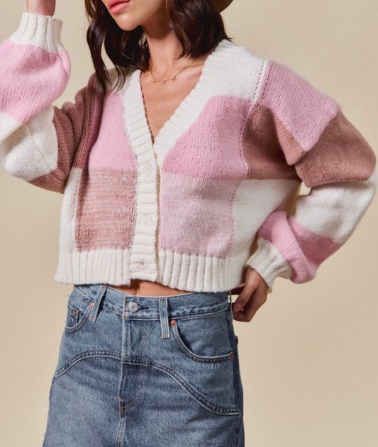 Color Block Checkered Button Down Sweater Cardigan