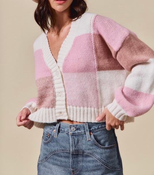 Color Block Checkered Button Down Sweater Cardigan
