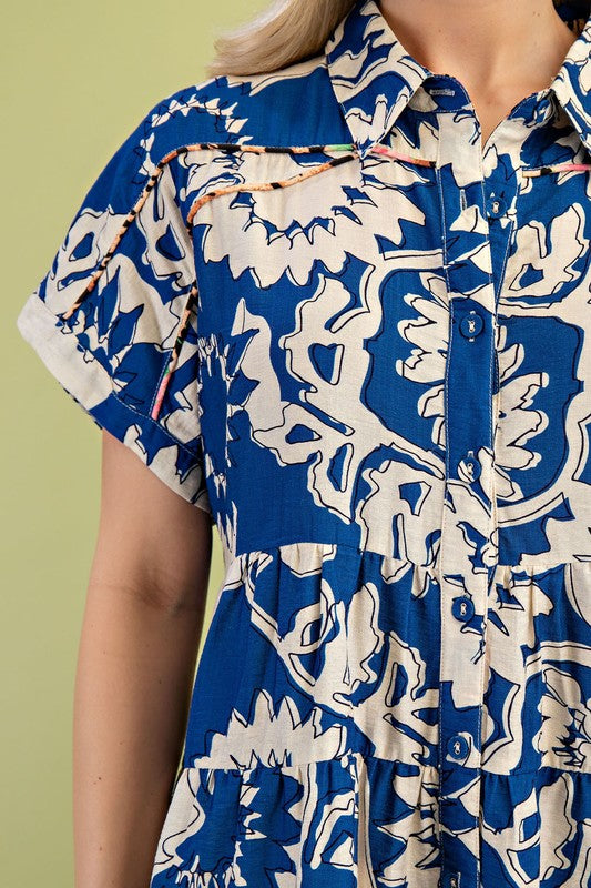 Printed Tiered Button Down Shirt Dress - Sold Out