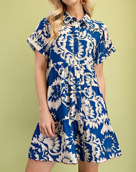 Printed Tiered Button Down Shirt Dress - Sold Out