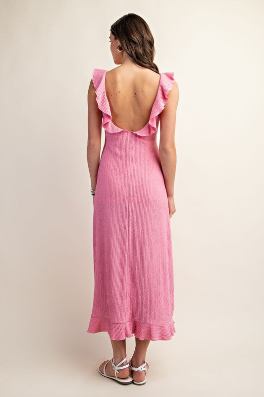 Textured Midi Dress w/Ruffled Slit (Pink)
