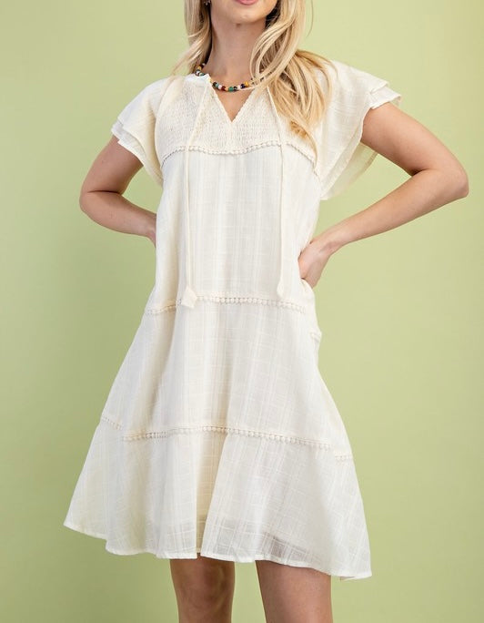 Tiered Tassel Tie Mini Dress (Ivory)