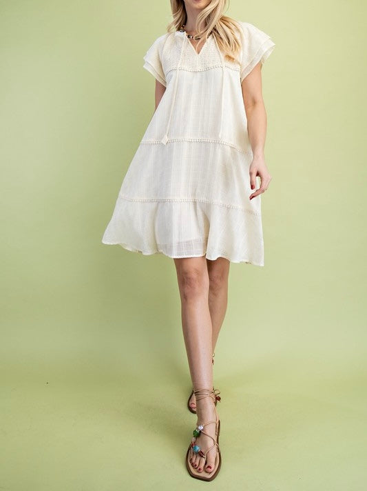 Tiered Tassel Tie Mini Dress (Ivory)