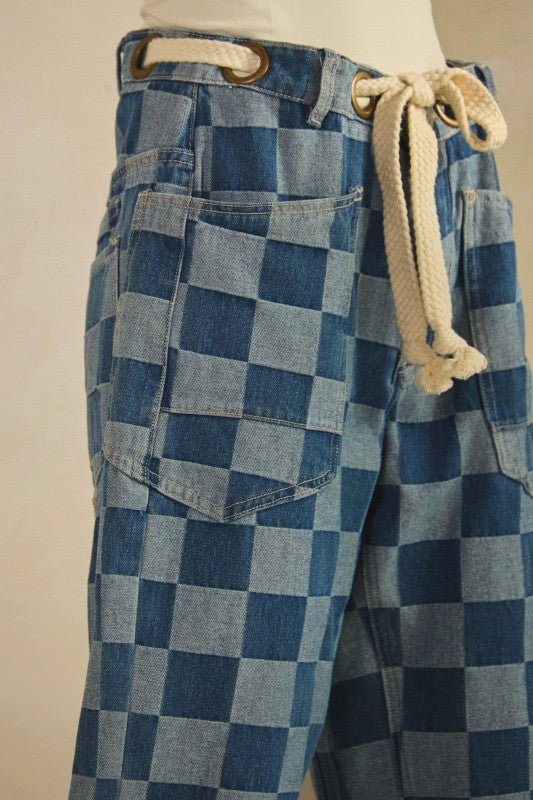 Vintage Checkered Denim Blue with Rope String