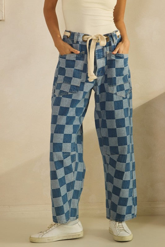 Vintage Checkered Denim Blue with Rope String