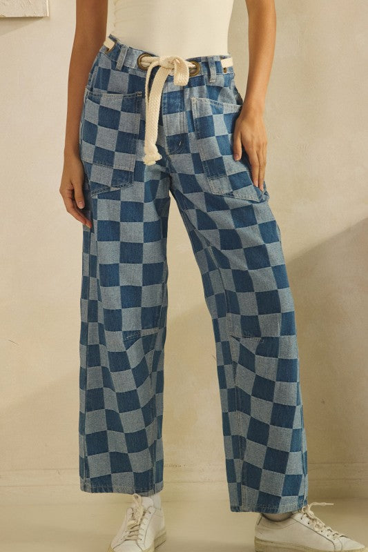Vintage Checkered Denim Blue with Rope String