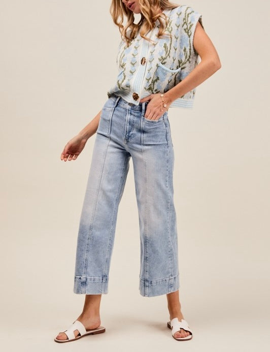 Mid Rise Stretch Wide Leg Denim Jeans