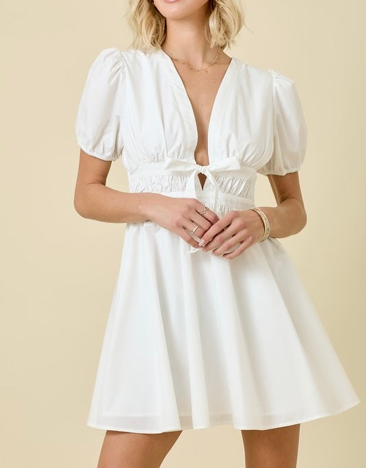 Deep V Poplin Mini Dress w/Puff Sleeves