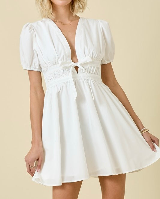 Deep V Poplin Mini Dress w/Puff Sleeves