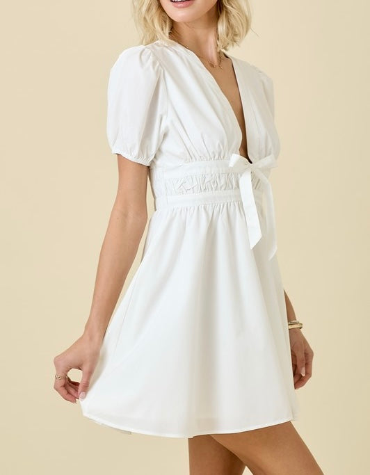 Deep V Poplin Mini Dress w/Puff Sleeves