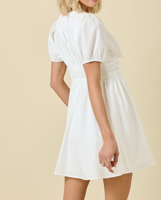 Deep V Poplin Mini Dress w/Puff Sleeves
